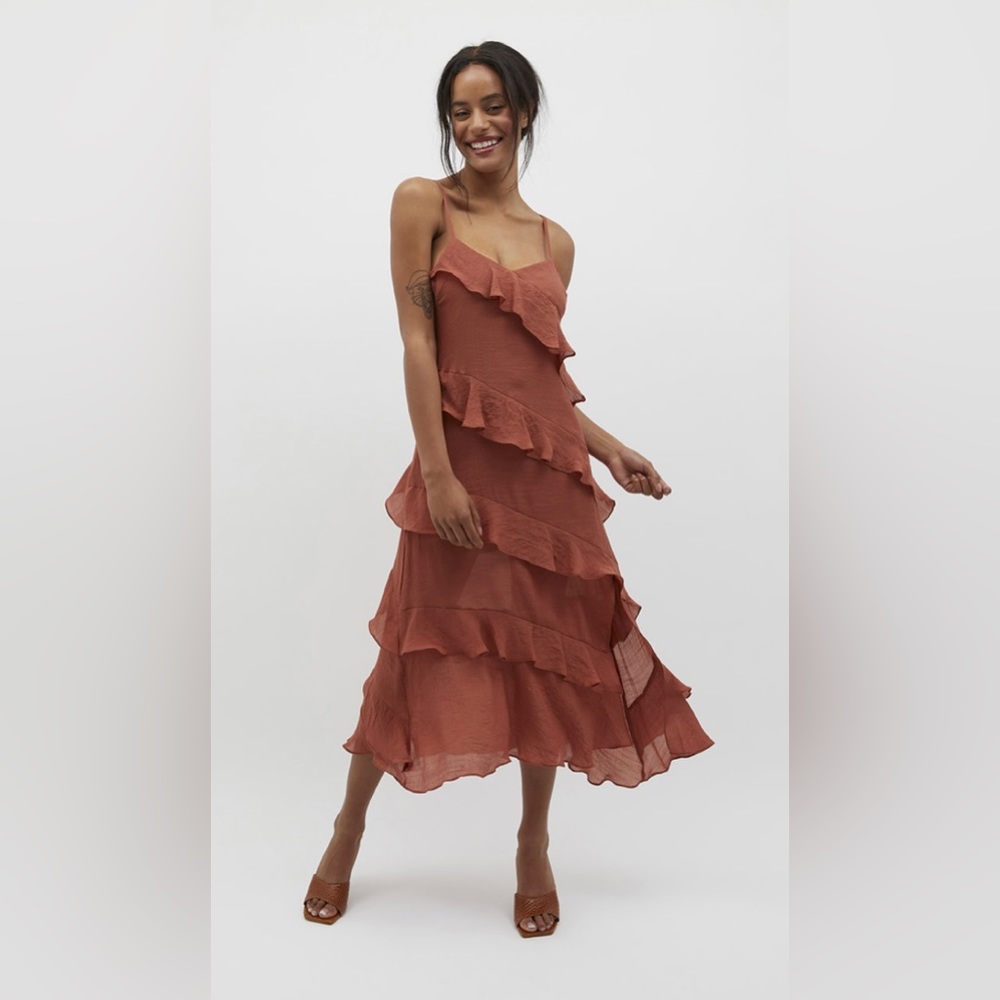 MINKPINK coral ruffle midi dress size M